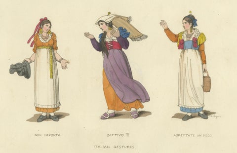 Italian Costume Print: Expressive Gestures of Women, Hand-Colored, 1820s, close-up 3