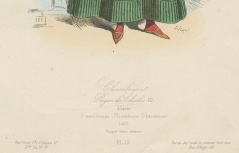 Antique French Costume Print of Medieval Chambermaid, Hand-Colored, 19th Century, close-up 1
