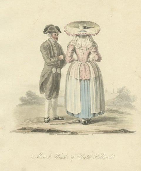 Antique Print of a Man and Woman of Noord-Holland, the Netherlands, circa 1817, close-up 1