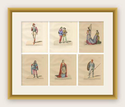 Six Hand-Colored Lithographs of Medieval Italian Costume, Circa 1860, shown framed