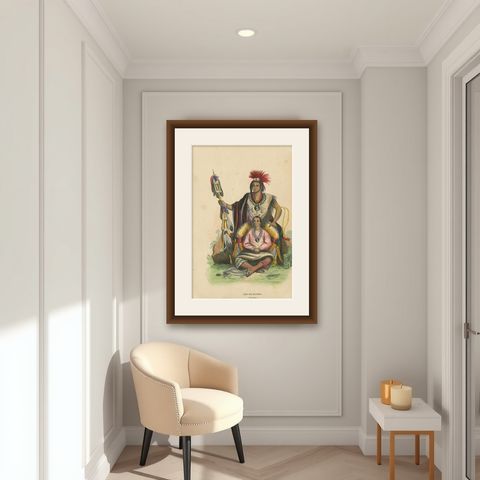 Antique Costume Print of a Meskwaki Chief by Wahlen, 1843, shown framed in a room