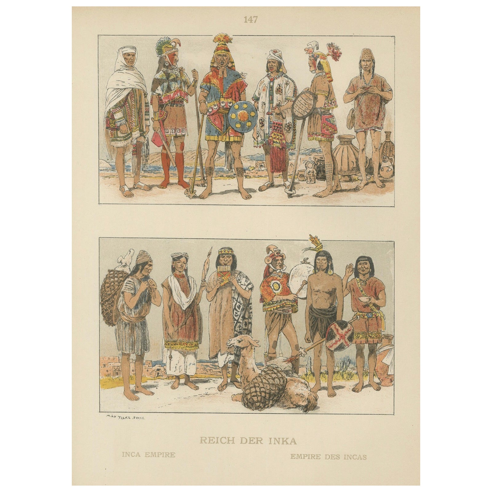 Inca Empire Costumes, Antique Lithograph of Inca Clothing, Max Tilke c.1880
