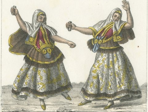 Male and Female Dancers of European Turkey, Hand Colored Lithograph, 1842, close-up 2
