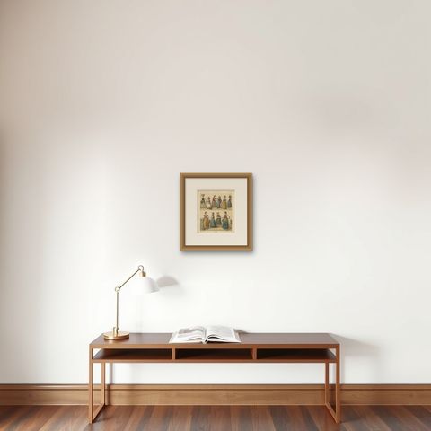 Antique Print of Swiss Women's Dresses by Racinet, circa 1880, shown framed on a wall