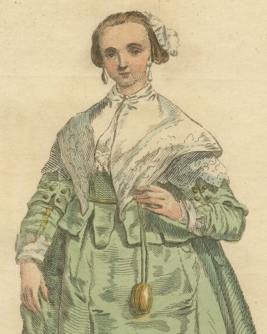 English Gentlewoman in 1640, Green Gown and Lace Kerchief, Jefferys Print, 1757, close-up 1