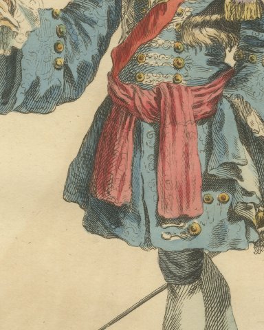 Duke of Burgundy in 1700, Hand Colored Jefferys Costume Engraving, 1757, close-up 2