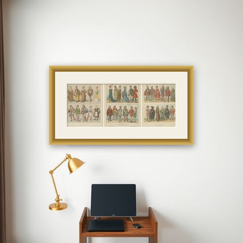 German Costume History 1450–1670, Set of Three Antique Hand-Colored Prints, 1880, shown framed on a wall