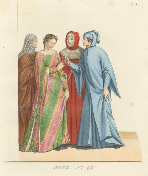 Medieval Italian Courtship c.1300s, Nobles in Historic Dress, Print 1845, close-up 4