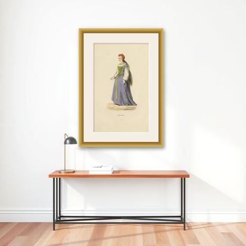 Renaissance Refinement: An English Lady in 'Costume du Moyen Âge, 1847, shown framed on a wall
