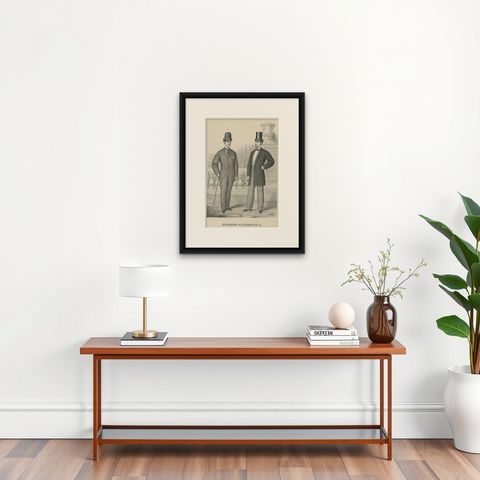 Rare Antique Print of Men's Fashion, c.1890, shown framed on a wall
