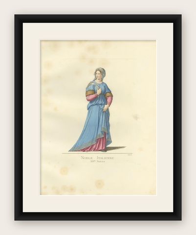 Antique Print of an Italian Noblewoman, 14th Century, by Bonnard, 1860, shown framed