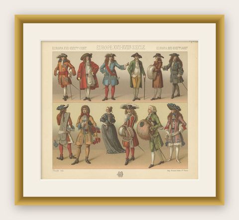 Pl. 106 Antique Print of European XVII-XVIIIth Century Costumes by Racinet, shown framed