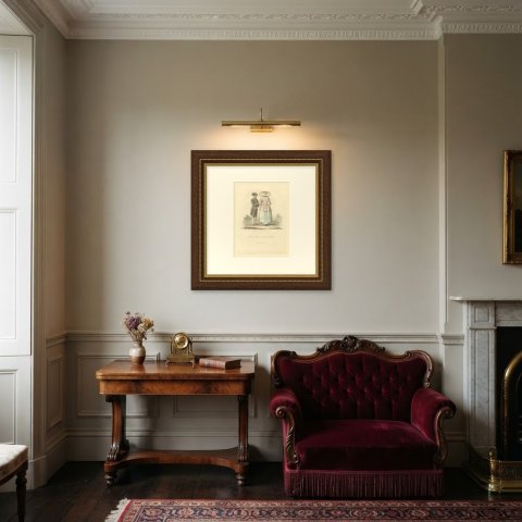 Man and Woman of North Holland, Antique Ackermann Costume Print, 1817, shown framed in a room