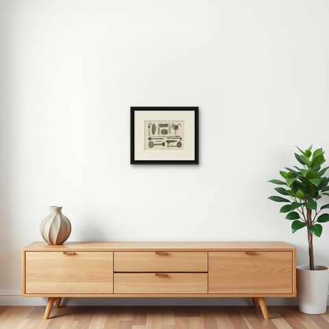 1801 Engraving of New Caledonian Implements and Attire, shown framed on a wall