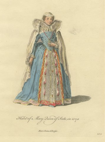 Habit of Mary Queen of Scots in 1570, Hand Colored Jefferys Costume Plate, 1757