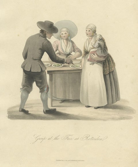 Old Costume Print Showing People at the Fair in Rotterdam, The Netherlands, 1817, close-up 1