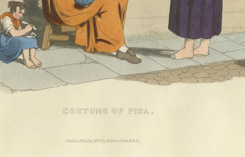 Costume Print: Women and Children in Pisa, 1820s Hand-Colored Engraving, close-up 1