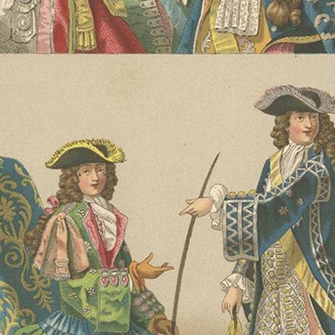 Pl. 103 Antique Print of French 17th Century Costumes by Racinet, circa 1880, close-up 2
