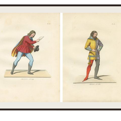 Set of Four Medieval Figures, Hand-Colored Costume Engravings, France 1845, close-up 1