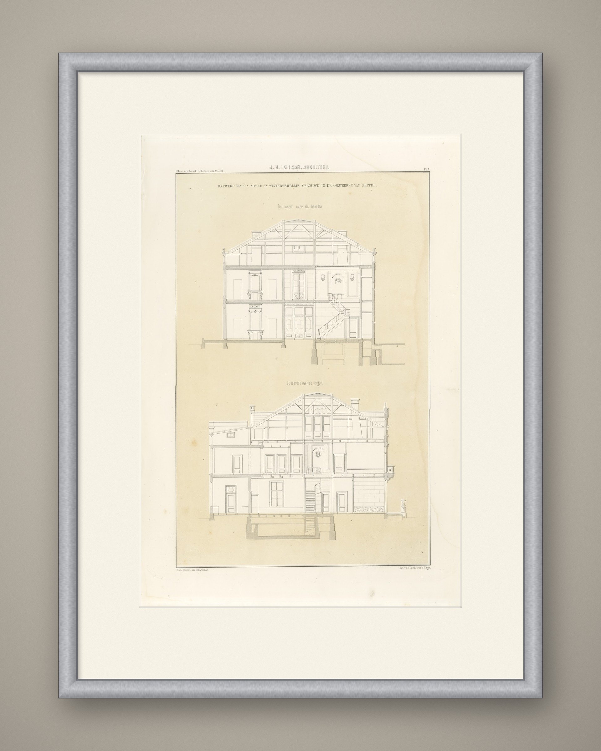 Meppel Country House, Sections, Dutch Architecture Print, Leliman, 1865-1866, shown framed