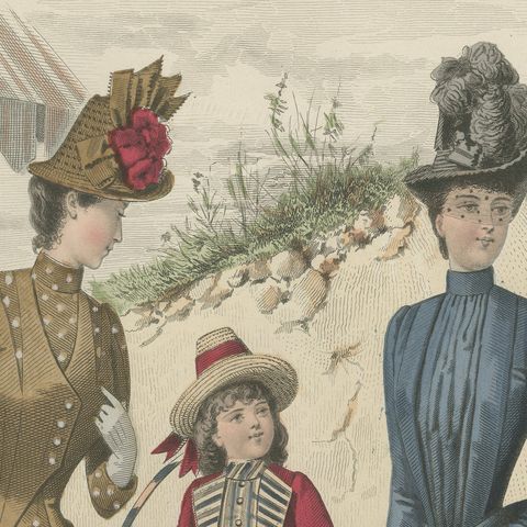 Antique French Fashion Plate, Ladies and Child in Park Scene, c.1880, close-up 1