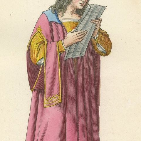 Antique 1845 Hand-Colored Engraving of Medieval Singer in Pink Robe, France, close-up 6