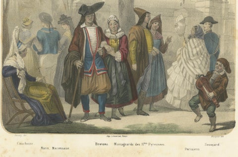 French Regional Costumes, Bretons, Parisians and Savoyard, c.1845, close-up 5
