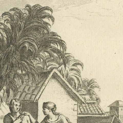 1757 Engraving of Florida Natives, Indigenous Clothing & Village Scene, close-up 2