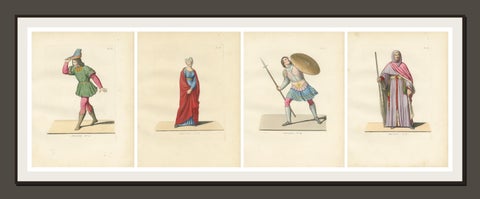 Set of Four Medieval Costume Figures, Hand-Colored Engravings, France 1845, view 9