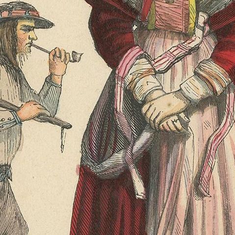 Antique Costume Print of Inhabitants of Brittany by Wahlen, 1843, close-up 2