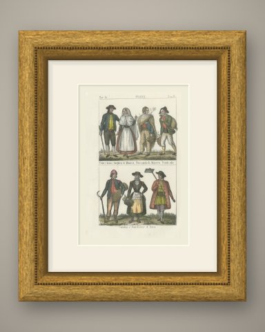 Costumes of Minorca, Majorca and Ibiza, Hand Colored Lithograph, 1842, shown framed