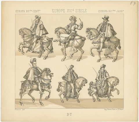 Pl. 57 Antique Print of European 16th Century Battle Costumes by Racinet, view 2