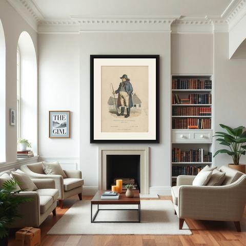 Polish Farmer on an Old Costume Print from the Polish Region of Pyrzyce, 1880, shown framed in a room