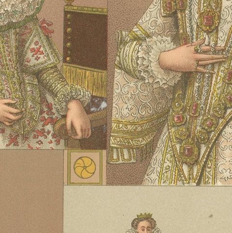 Pl. 65 Antique Print of European XVIth Century Costumes by Racinet 'circa 1880', close-up 2