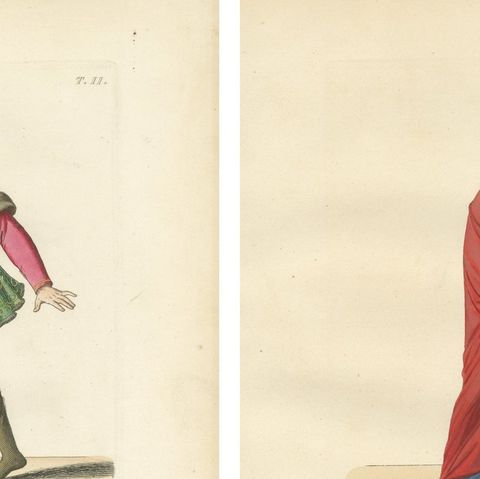 Set of Four Medieval Costume Figures, Hand-Colored Engravings, France 1845, close-up 1