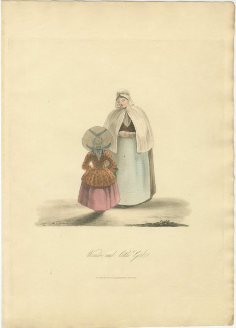 Woman and Little Girl with Green Pail, Antique Ackermann Costume Print, 1817, view 2