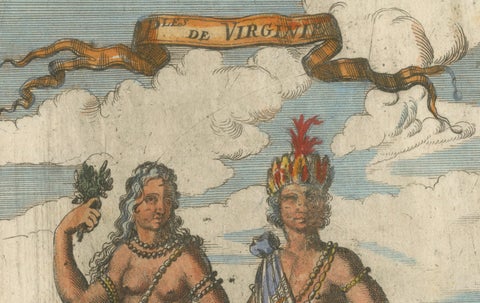 Virginia Indians, Man & Woman in Traditional Dress, Handcolored Engraving, 1683, close-up 3