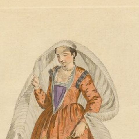 Venetian Noblewomen in Renaissance Dress, Hand-Colored Costume Prints, 1749, close-up 1