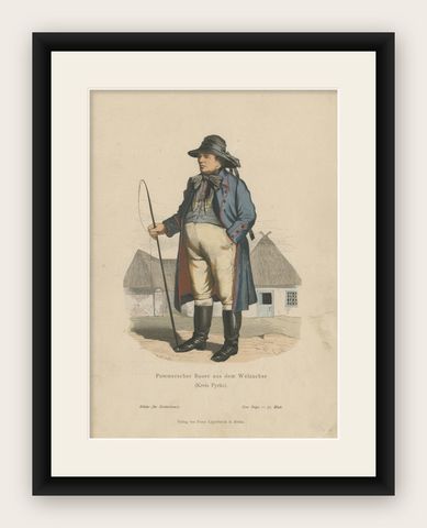 Polish Farmer on an Old Costume Print from the Polish Region of Pyrzyce, 1880, shown framed