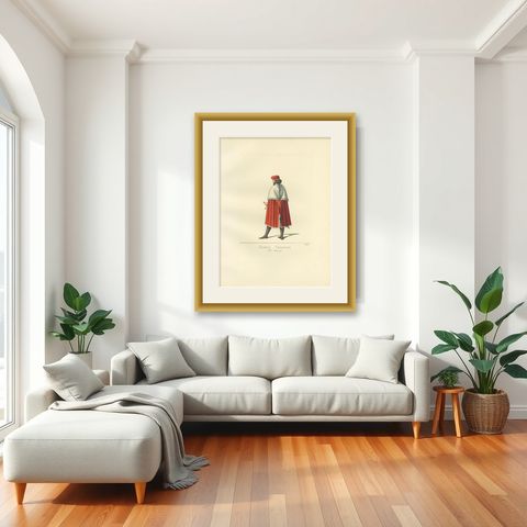 Antique Print of a Venetian Nobleman, Italy, 15th Century, by Bonnard, 1860, shown framed in a room