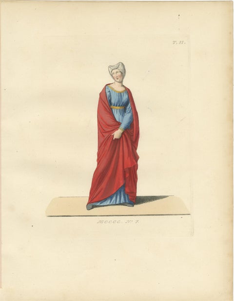 Set of Four Medieval Costume Figures, Hand-Colored Engravings, France 1845, view 6