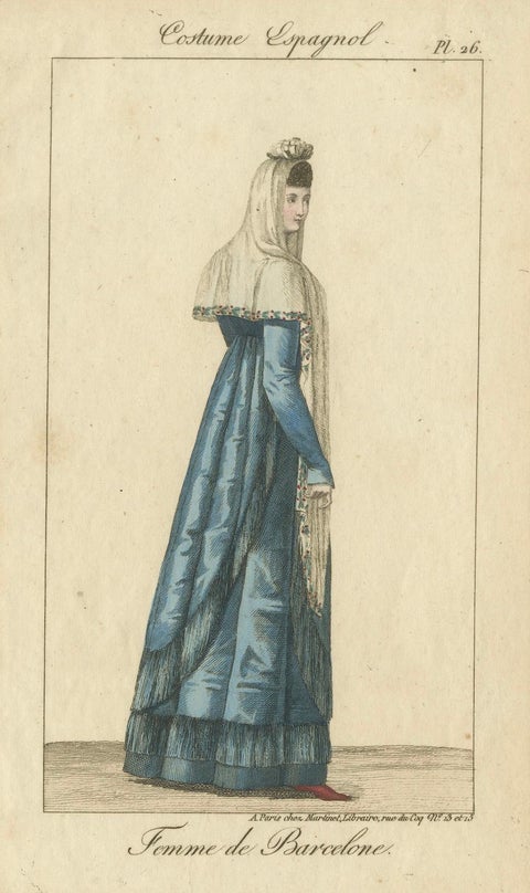 Woman of Barcelona, Hand-Colored Engraving from Costume Espagnol, Paris, c.1805, close-up 1