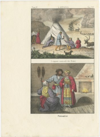Nomadic Lapp Reindeer Camp and a Finnish Interior, Hand Colored Lithograph, 1842, view 2