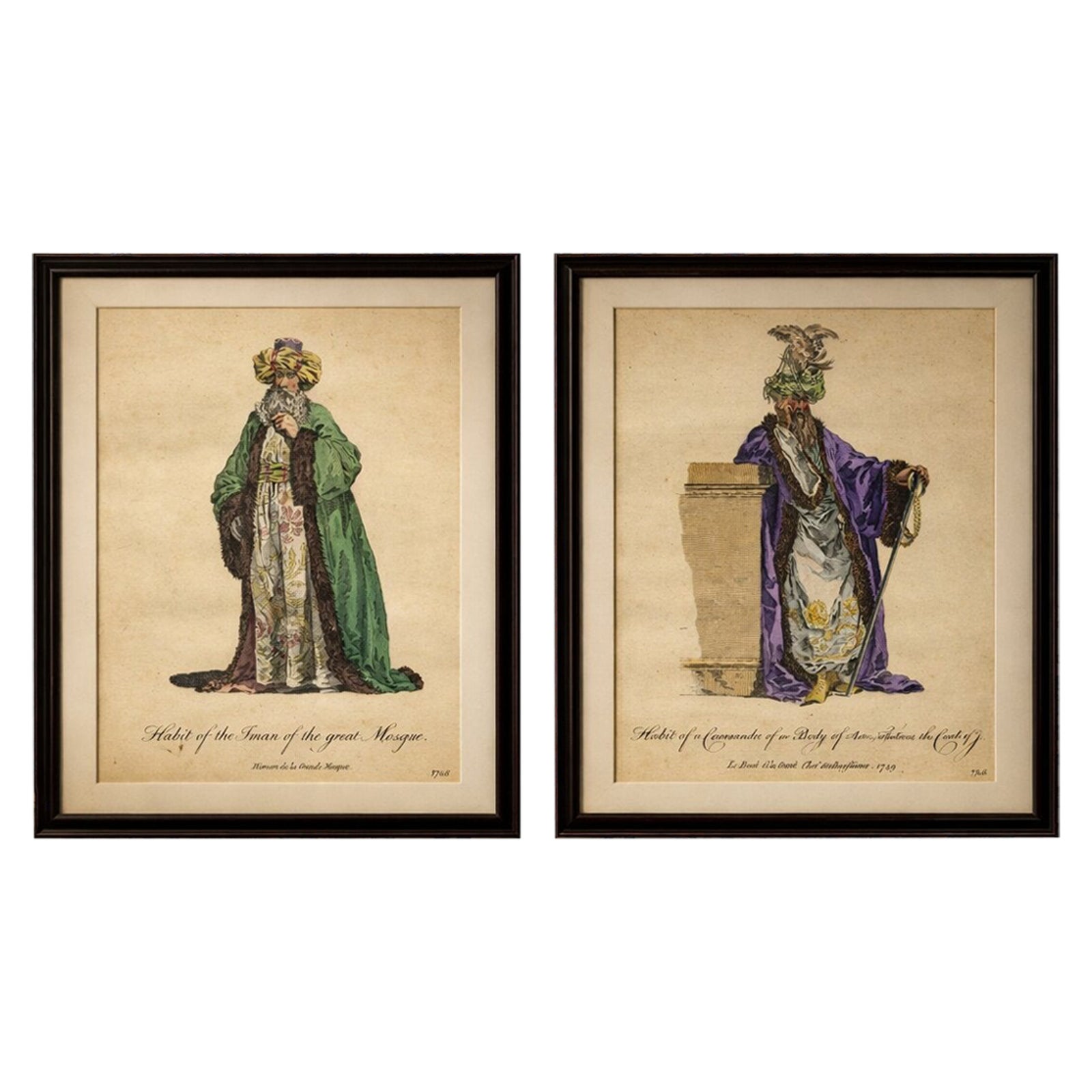 Ottoman Costume Prints Pair, Imam & Court Official, Hand-Colored 1749