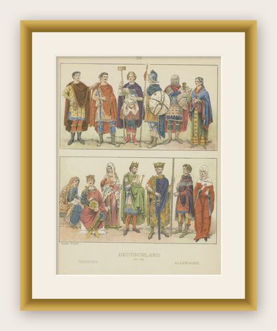 Antique German Costume Print 500–1000, Hand-Colored Historical Plate, ca.1880, shown framed