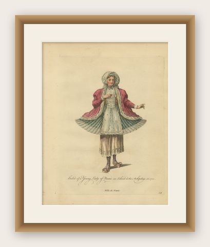 Antique Costume Print Young Lady of Naxos Archipelago Jefferys, 1749, shown framed