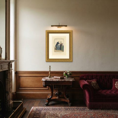 The Fixed Price, Shopkeeper and Customer, Dutch Costume Print, 1811, shown framed in a room