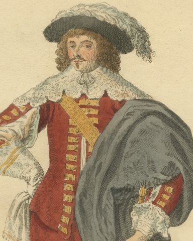 English Nobleman in 1640, Cavalier Dress with Plumed Hat, Jefferys Print, 1757, close-up 1