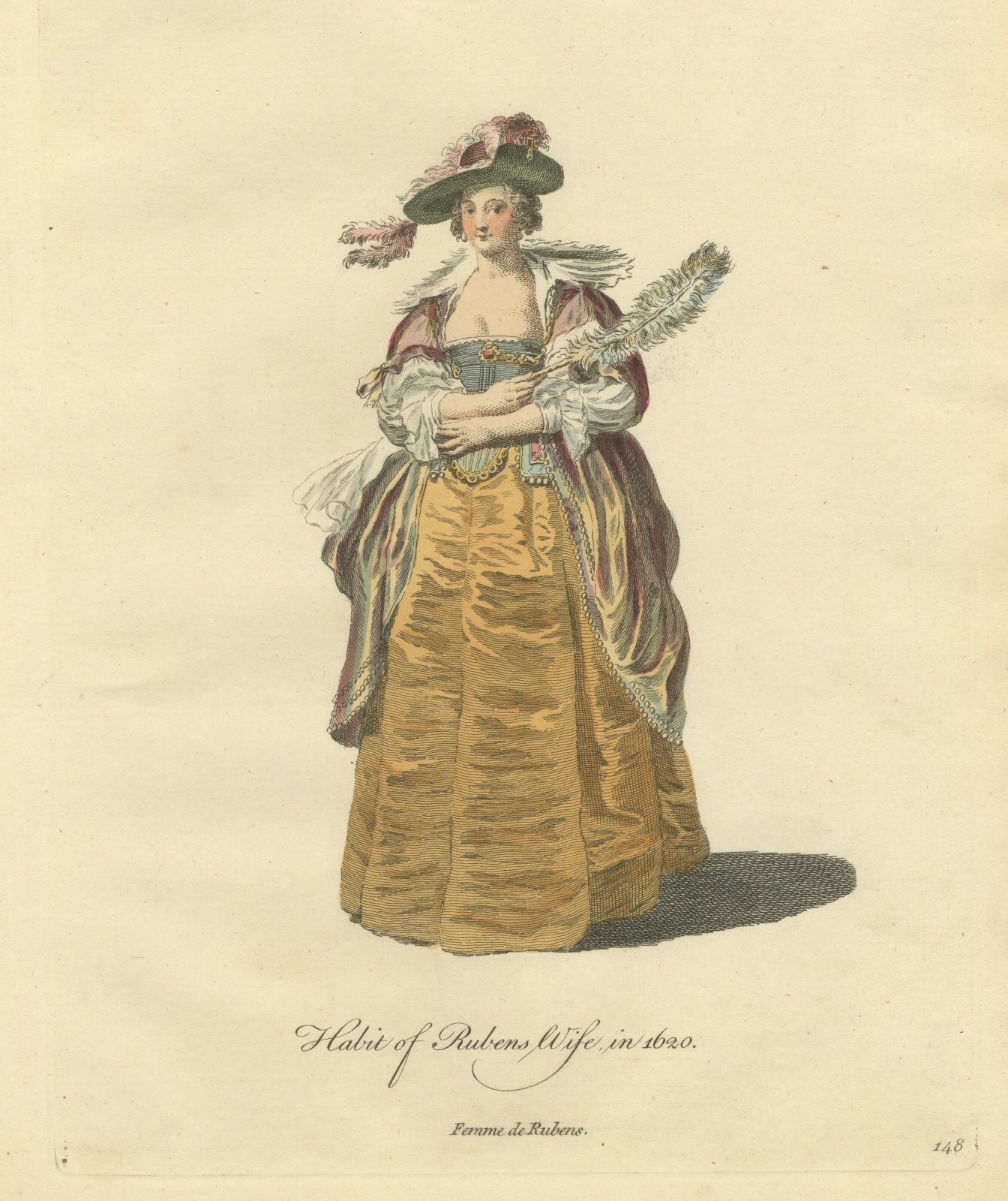Wife of Rubens in 1620 with a Feather Fan, Jefferys Costume Plate, 1757