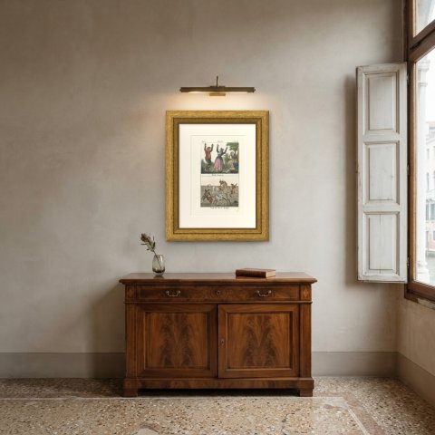 The Fandango Dance and a Spanish Bullfight, Hand Colored Lithograph, 1842, shown framed in a room